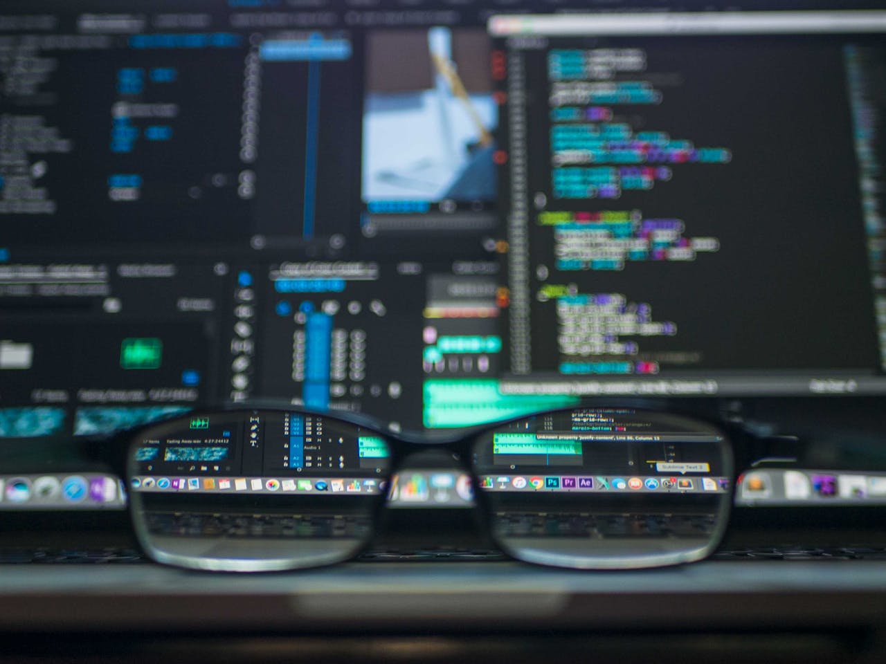 about-us Eyeglasses reflecting computer code on a monitor, ideal for technology and programming themes.